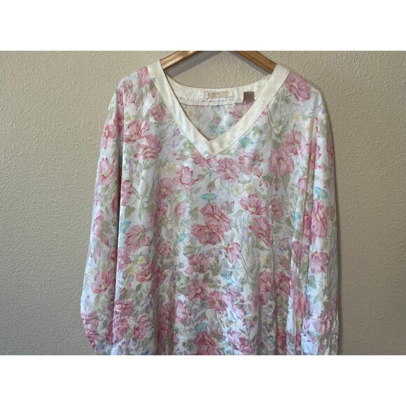 VTG Robinson’s Pink & Blue Floral Silky V Neck Long MuMu Grandma Nightgown Large - Picture 7 of 12